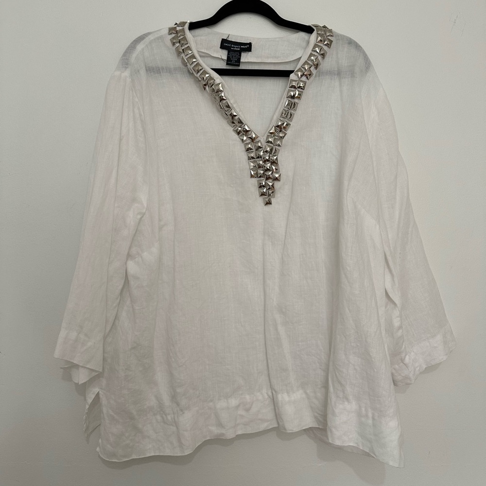 Saint Tropez Linen White Jeweled V-Neck Tunic Top size 2X